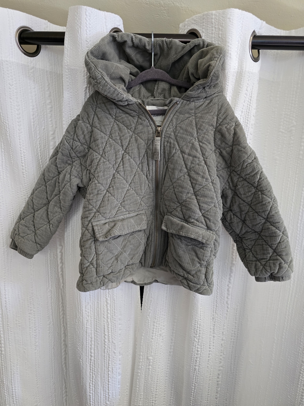 Kids 4t Quilted Hooded Corduroy Puffer Jacket - Gray